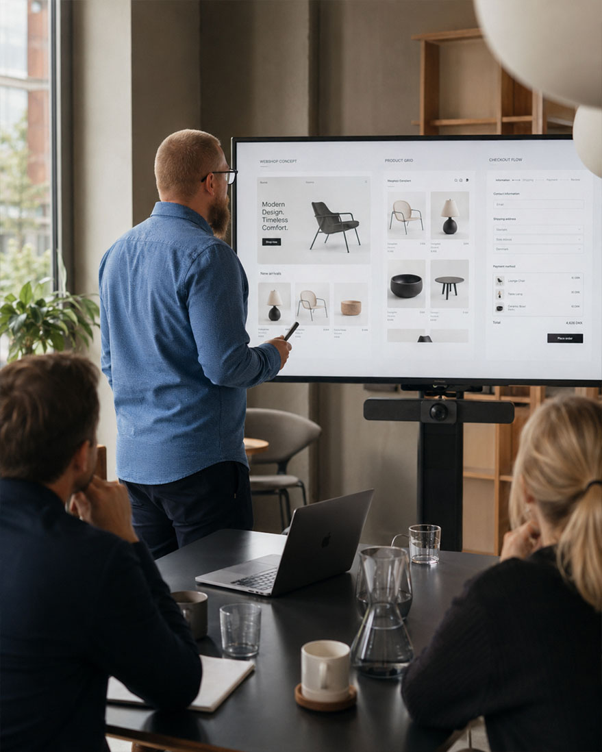 Mikkel fra MULD Digital der er til workshop hos kunde omkring webshopløsning